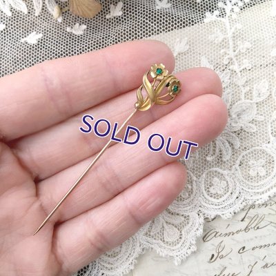 画像6: FIXグリーンガラスと花のゴールドピン