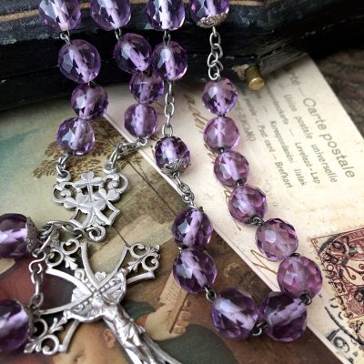 画像5: ハートストーン付 アメジストガラスのシルバーロザリオ