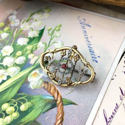 画像3: 赤ガラスとアールデコデザインのブローチ