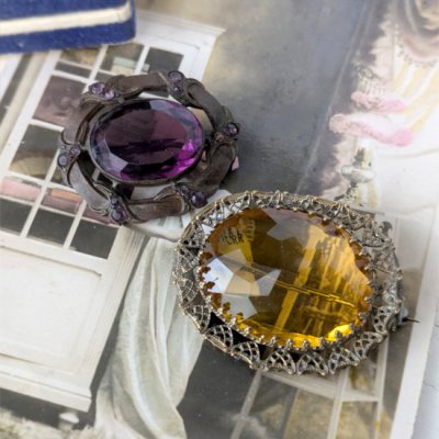 画像1: ガラスのオーバルブローチ２個セット