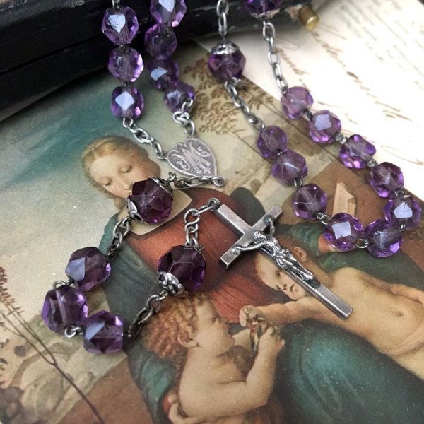 画像7: 蛍光アメジストガラスのシルバーロザリオB (7)