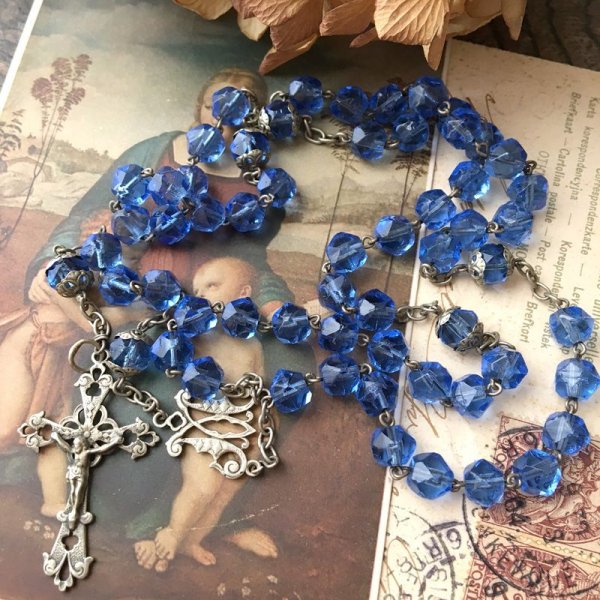 画像2: ブルーガラスのジャーマンシルバーロザリオ (2)